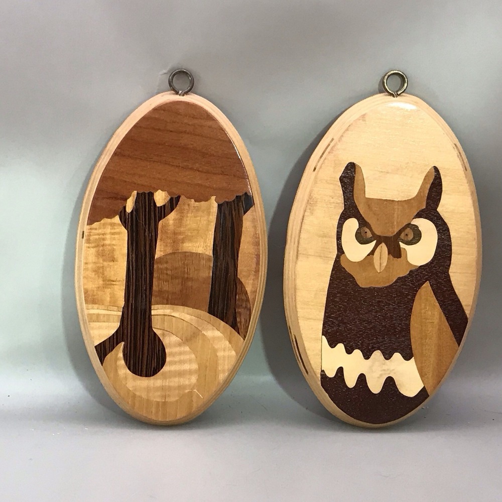 Owl And Tree Intarsia 2 Wood Plaques Round Mountain‎ Woodwork